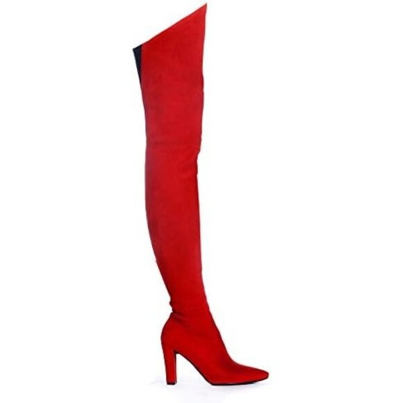 ⚡Women's Red Stretch Suede Chunky Heel Over The Knee Boots Thigh High - Picture 7 of 7